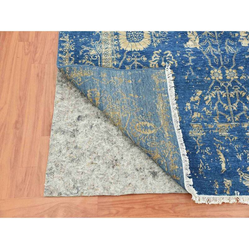 Shahbanu Rugs Denim Blue, Broken Erased Persian Tabriz Design, Wool and